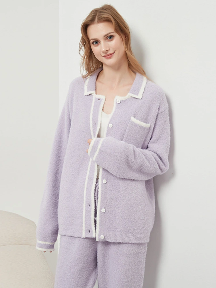 Half-velvet women's turn-down collar cardigan loungewear