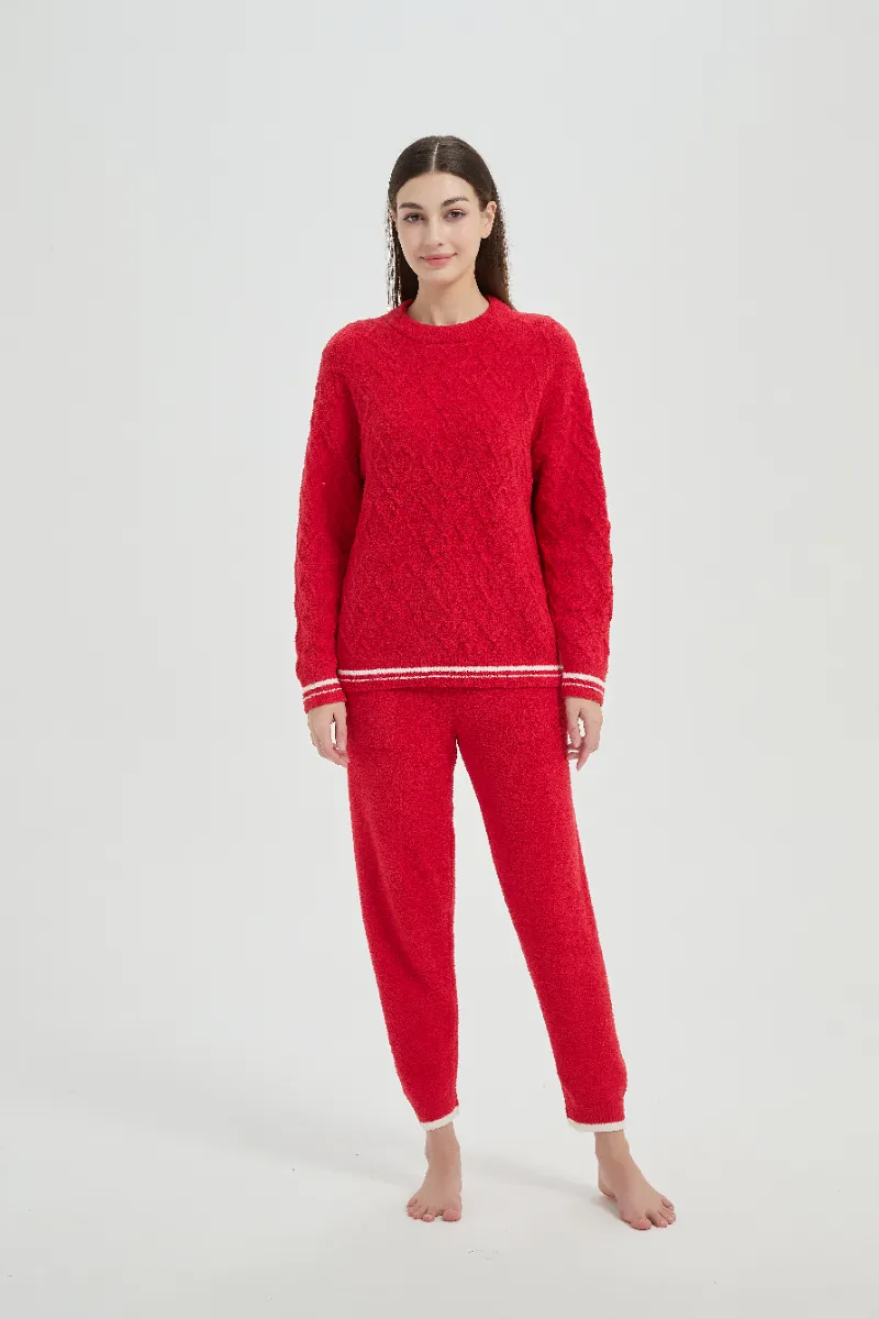 Loose Fit Plush Red Women Fleece Pajamas Set Loose Fit Plush Red Women Fleece Pajamas Set